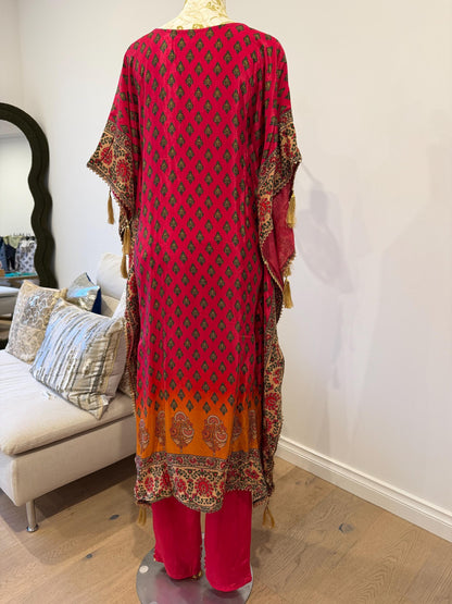 Pink Mustard Floral Crape Kaftan Set with Pants