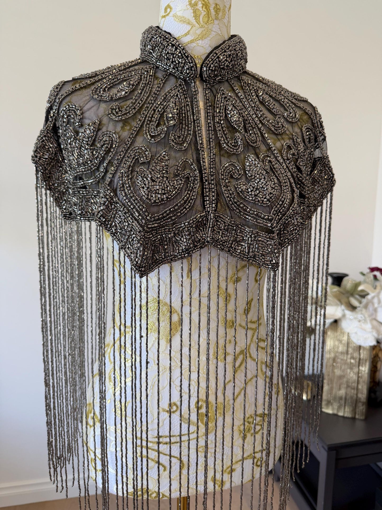 Gunmetal Beaded Fringe Capelet
