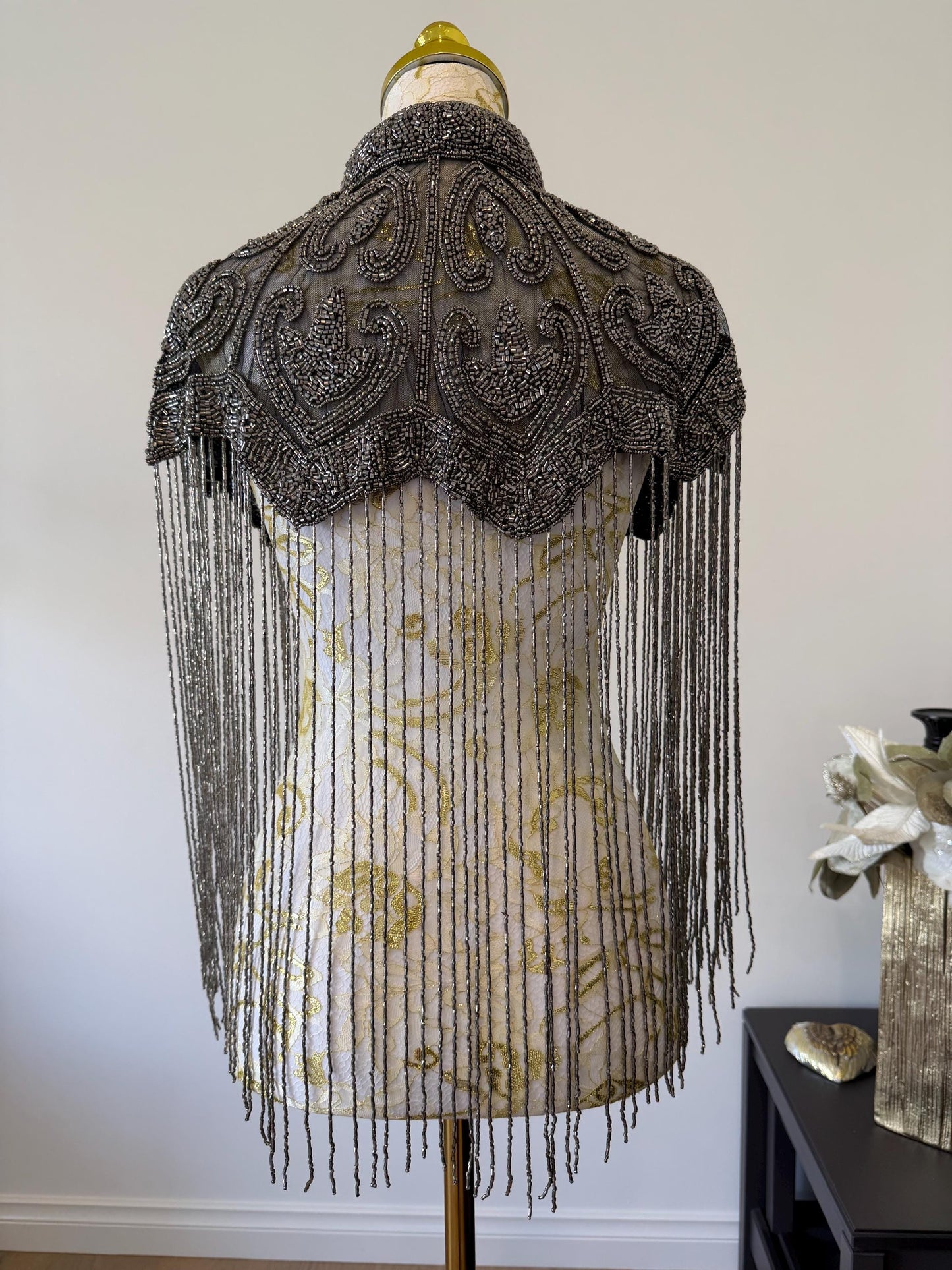 Gunmetal Beaded Fringe Capelet