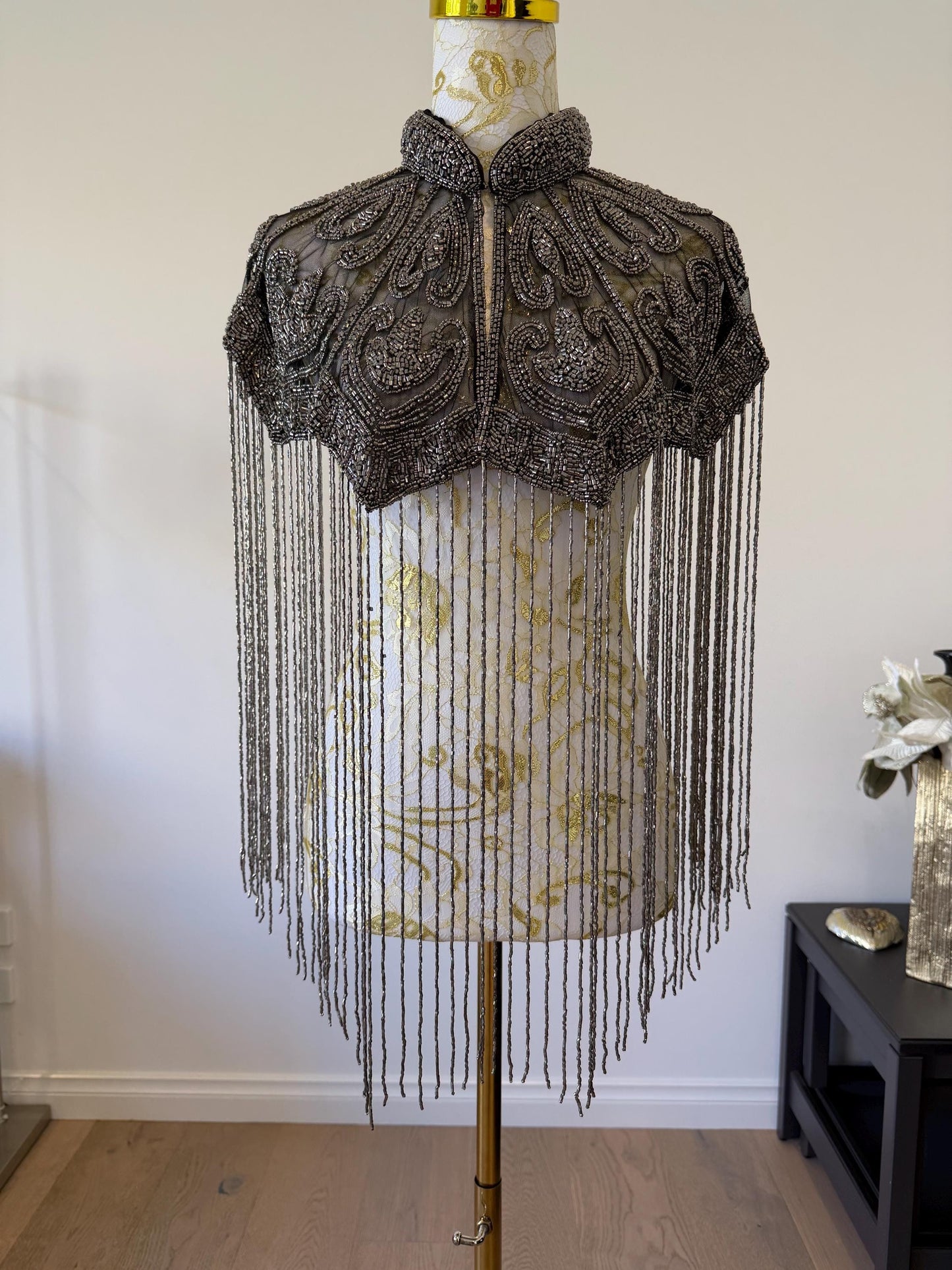 Gunmetal Beaded Fringe Capelet