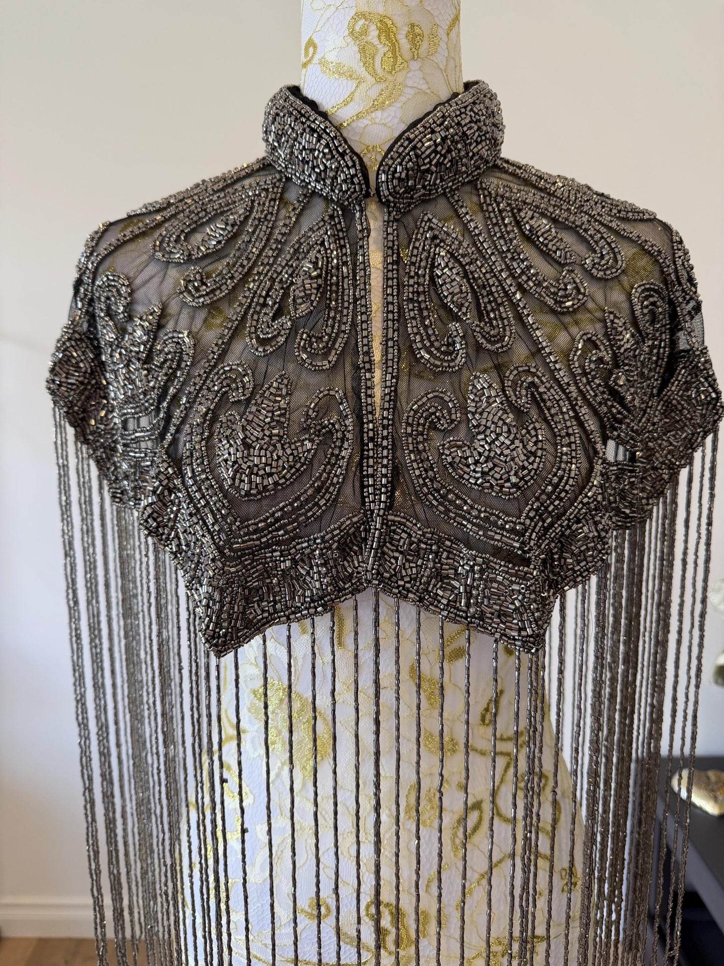Gunmetal Beaded Fringe Capelet