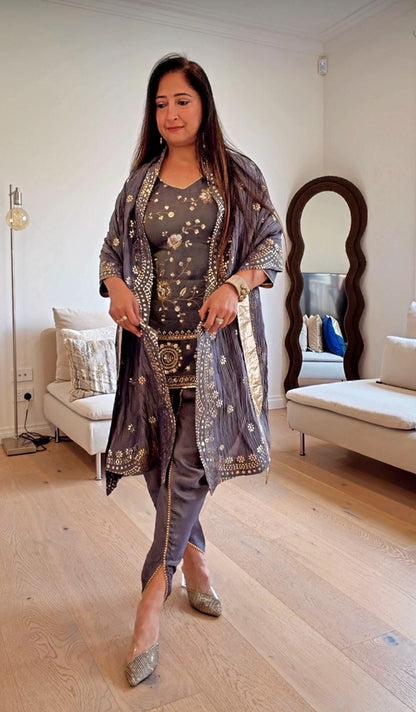 Bluish Grey Short Kurti Set with Tulip Pants & Dupatta
