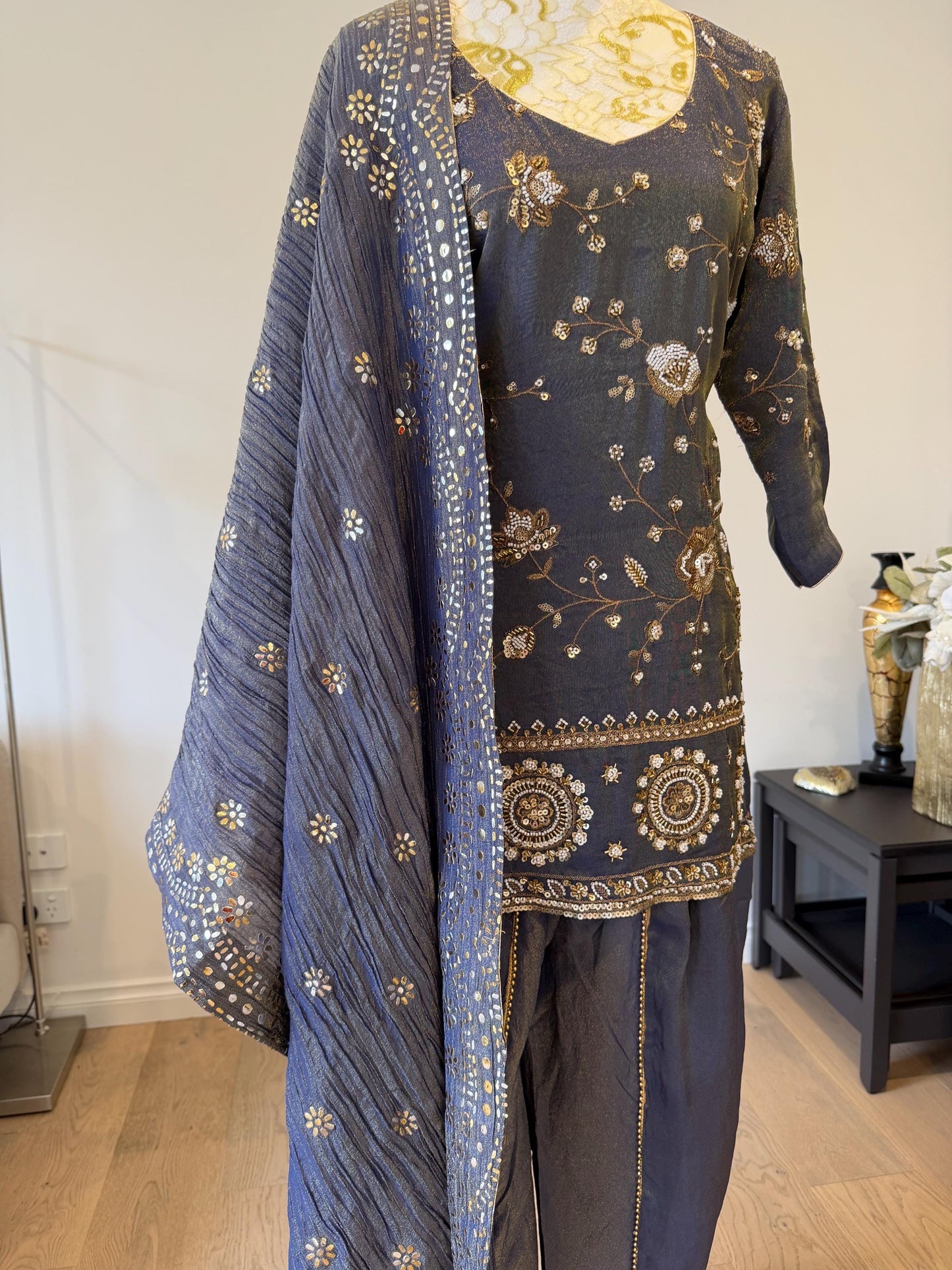 Bluish Grey Short Kurti Set with Tulip Pants & Dupatta