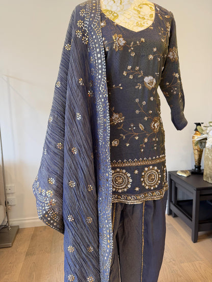 Bluish Grey Short Kurti Set with Tulip Pants & Dupatta