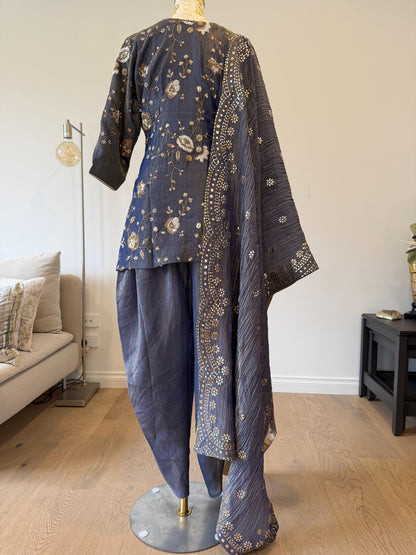 Bluish Grey Short Kurti Set with Tulip Pants & Dupatta