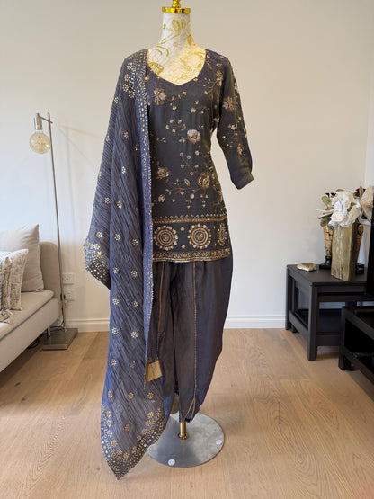 Bluish Grey Short Kurti Set with Tulip Pants & Dupatta