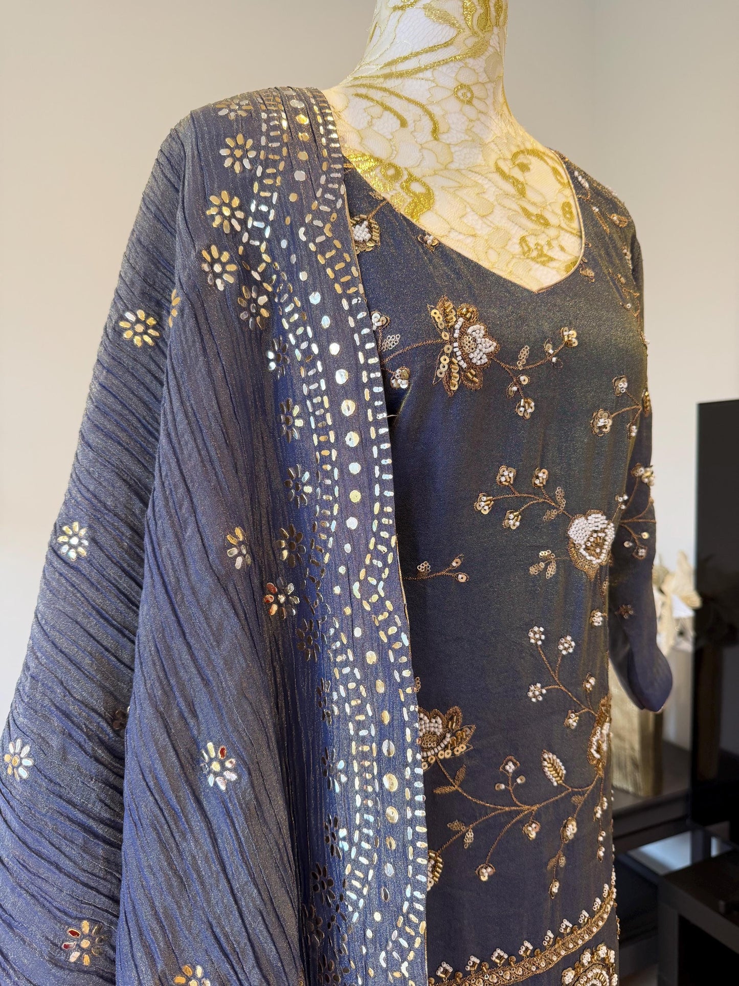 Bluish Grey Short Kurti Set with Tulip Pants & Dupatta