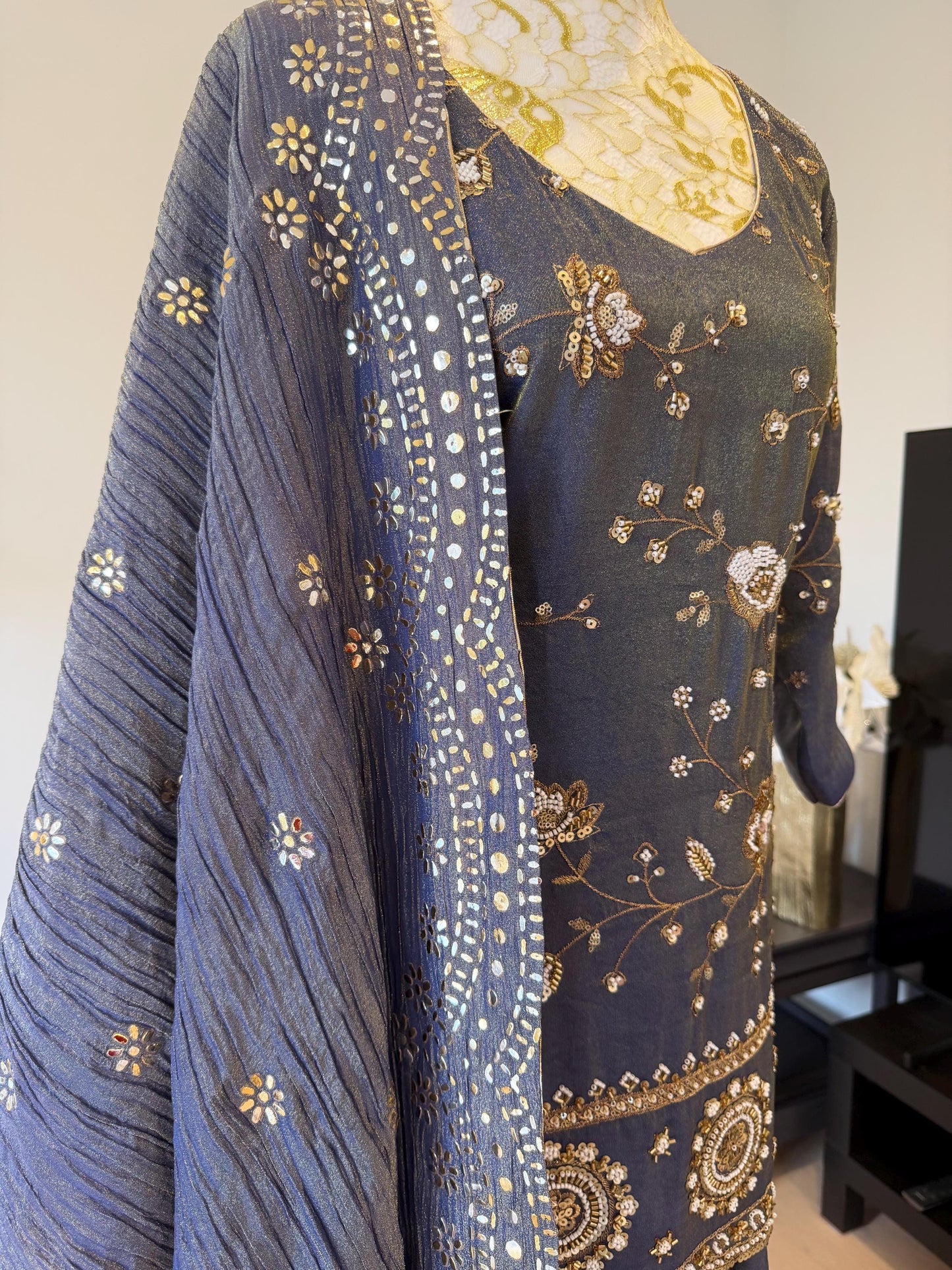 Bluish Grey Short Kurti Set with Tulip Pants & Dupatta