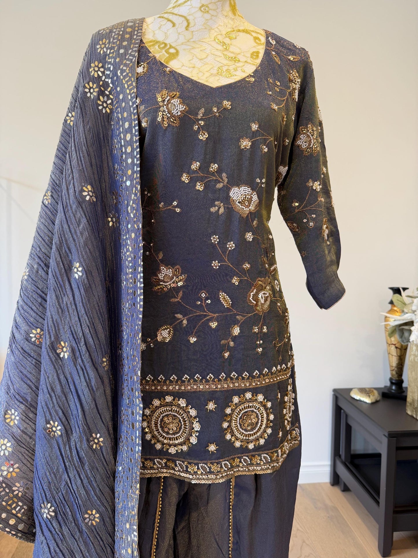 Bluish Grey Short Kurti Set with Tulip Pants & Dupatta