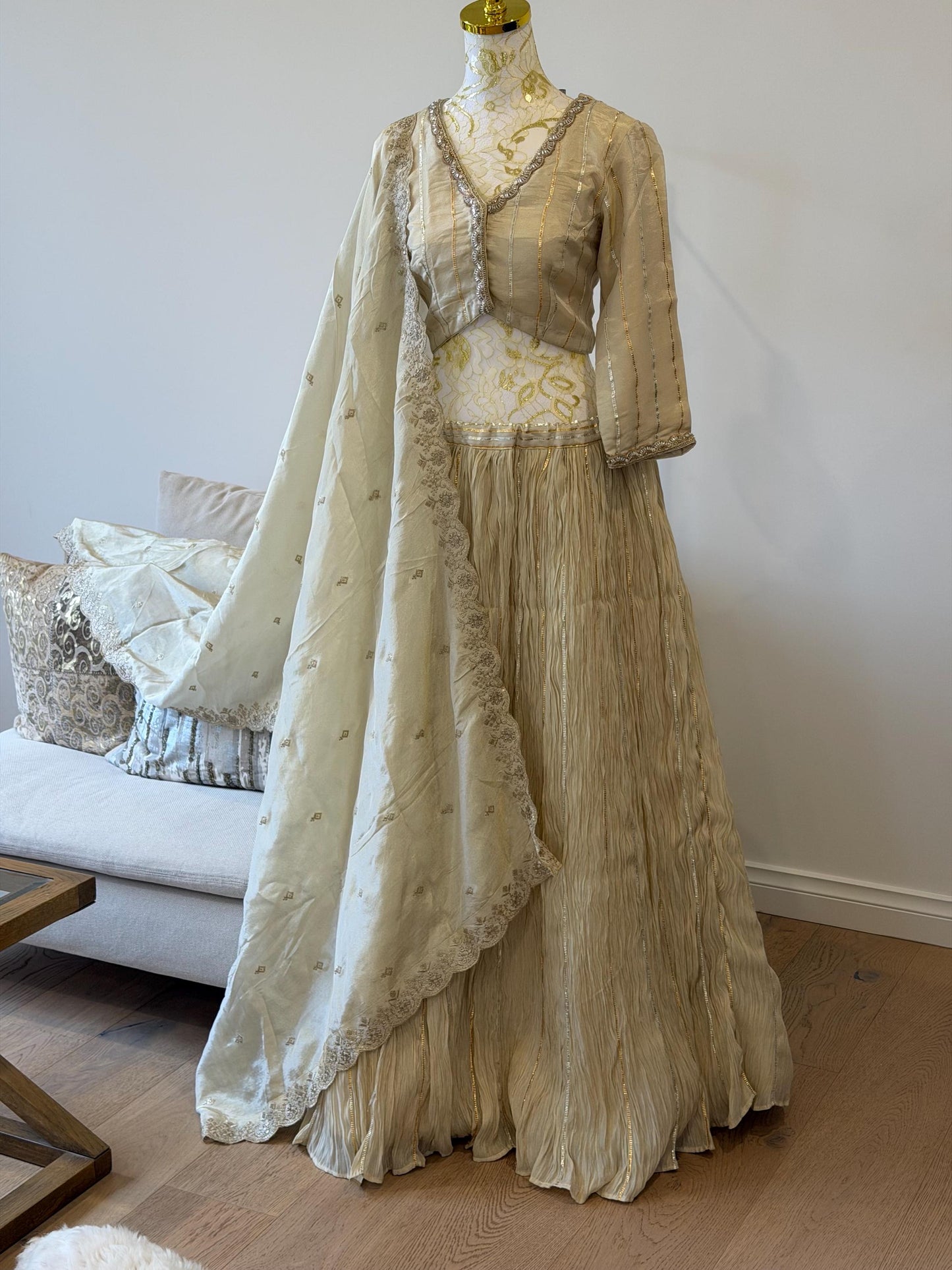 Ivory Tissue Silk Lehenga Set with Gota Detailing