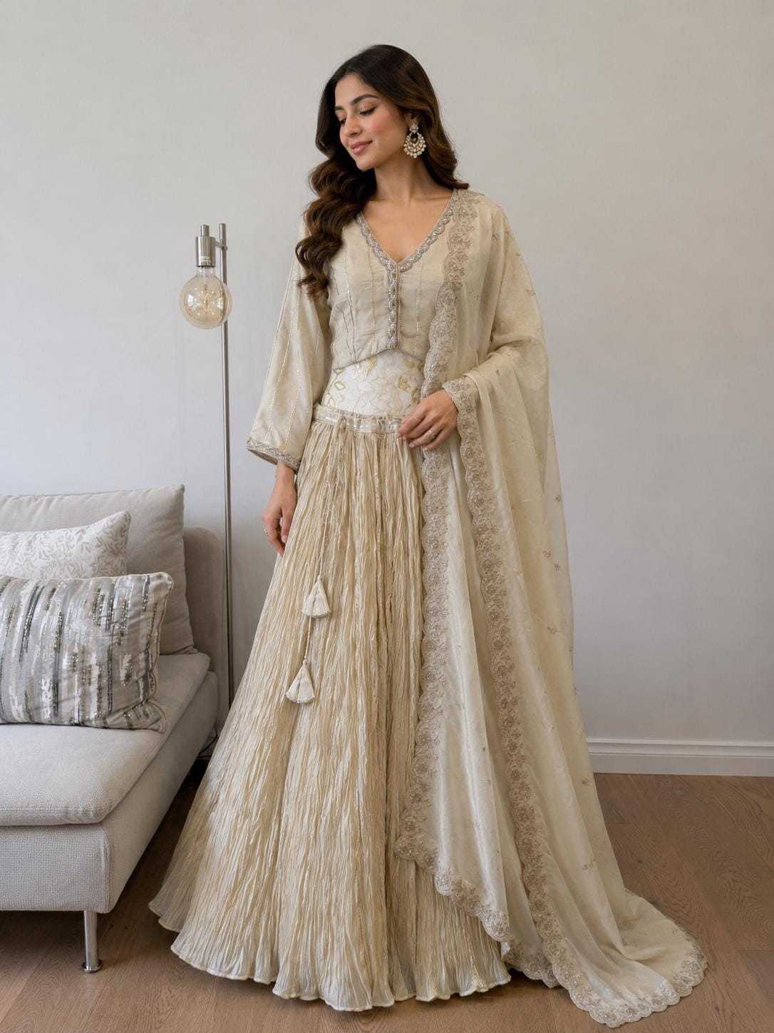 Ivory Tissue Silk Lehenga Set with Gota Detailing