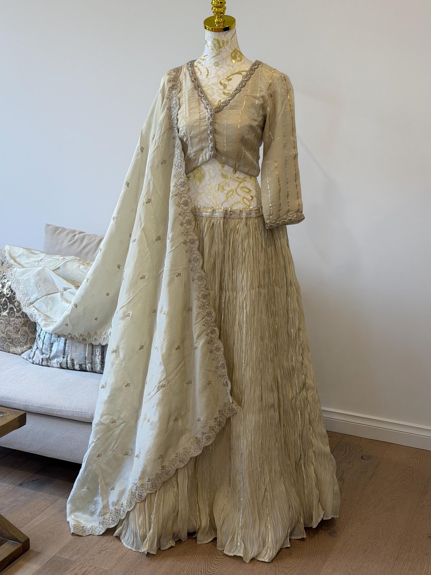 Ivory Tissue Silk Lehenga Set with Gota Detailing