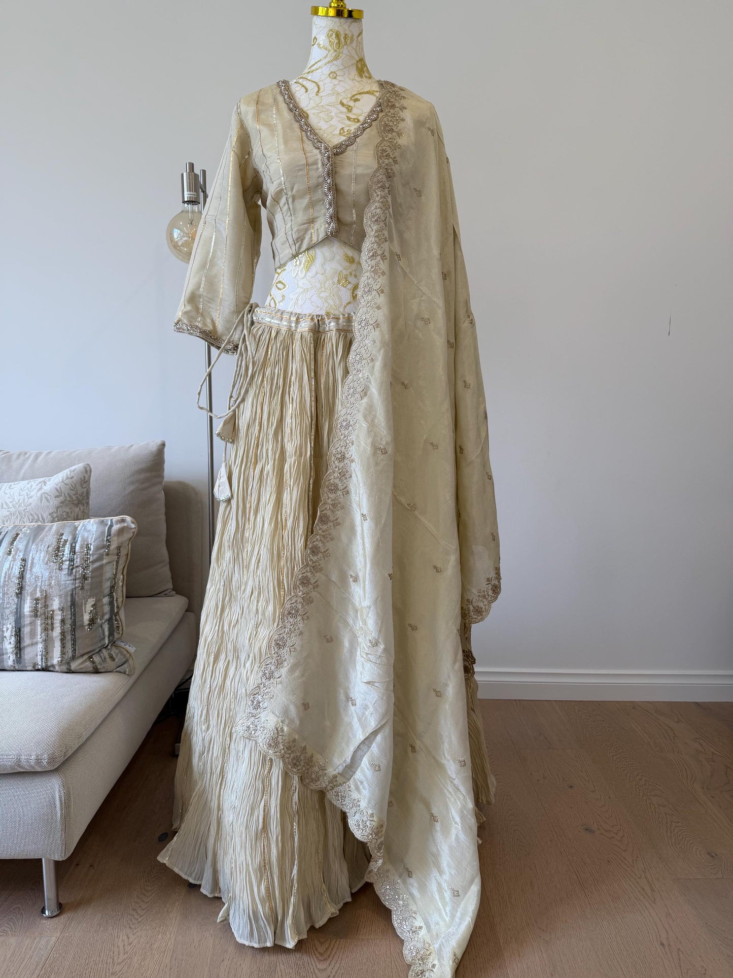 Ivory Tissue Silk Lehenga Set with Gota Detailing