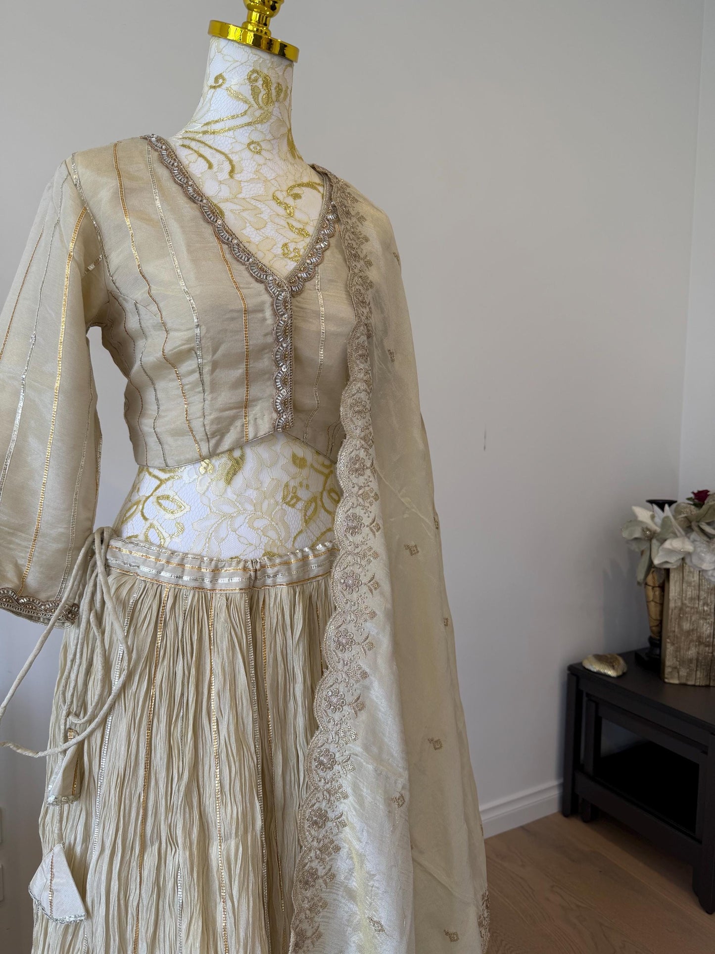 Ivory Tissue Silk Lehenga Set with Gota Detailing