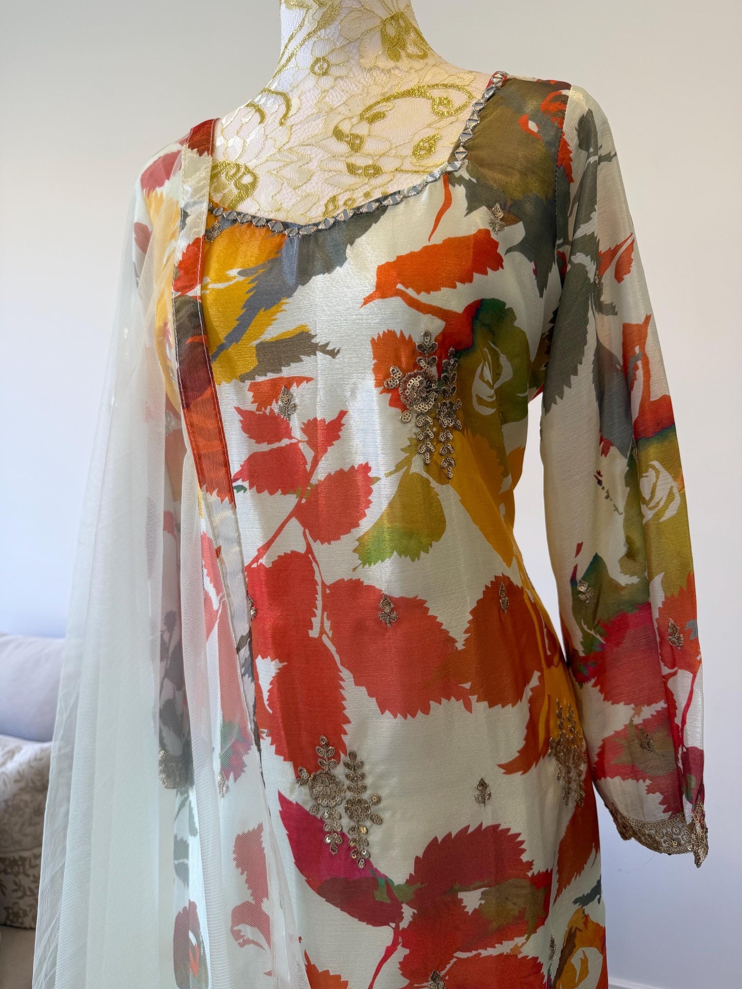 Floral Digital Print Chinon Sharara Suit with Mirror & Embroidery Work