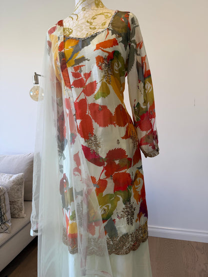 Floral Digital Print Chinon Sharara Suit with Mirror & Embroidery Work