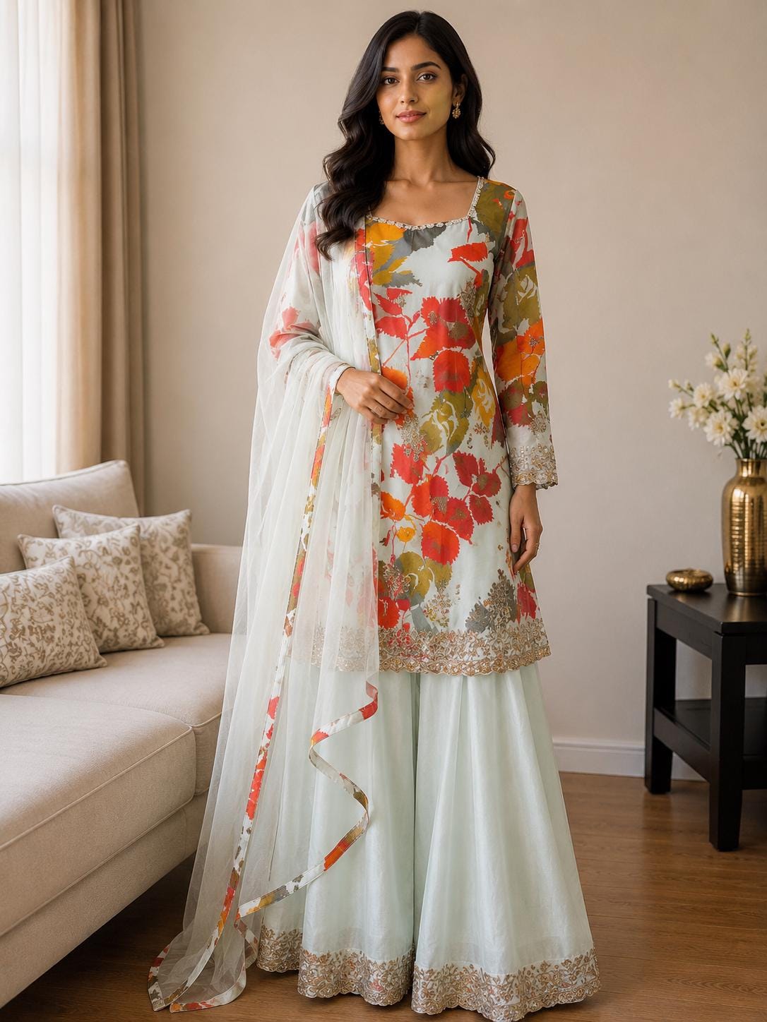 Floral Digital Print Chinon Sharara Suit with Mirror & Embroidery Work