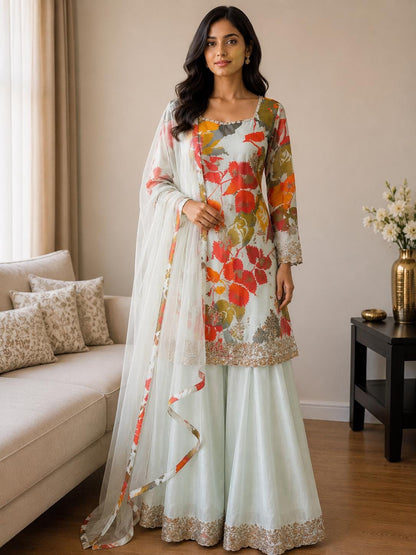 Floral Digital Print Chinon Sharara Suit with Mirror & Embroidery Work