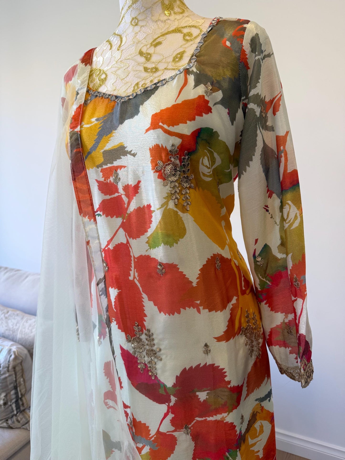 Floral Digital Print Chinon Sharara Suit with Mirror & Embroidery Work