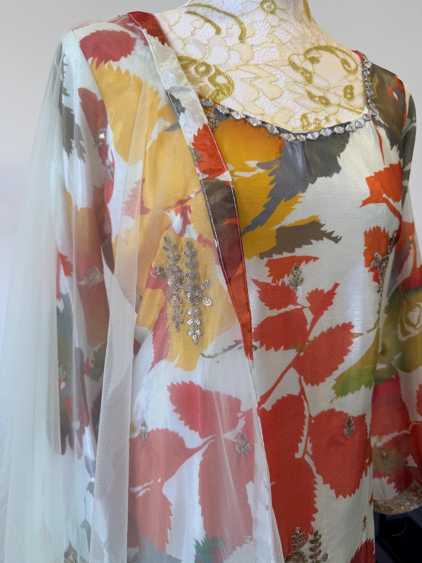 Floral Digital Print Chinon Sharara Suit with Mirror & Embroidery Work