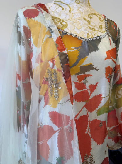 Floral Digital Print Chinon Sharara Suit with Mirror & Embroidery Work