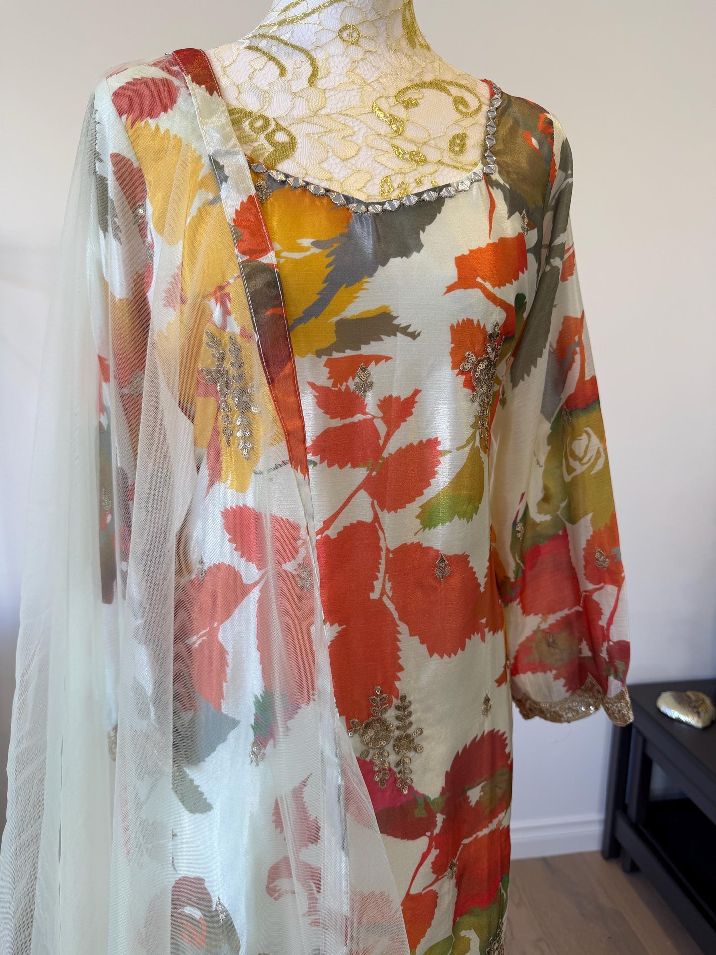 Floral Digital Print Chinon Sharara Suit with Mirror & Embroidery Work