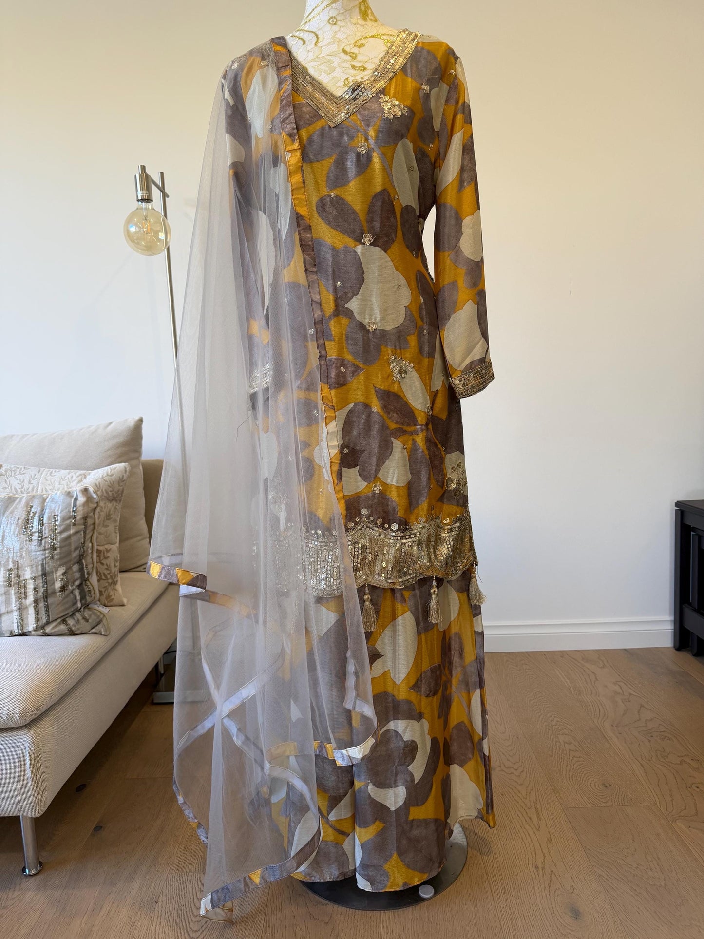 Mustard Floral Chinon Crape Palazzo Suit with Net Dupatta