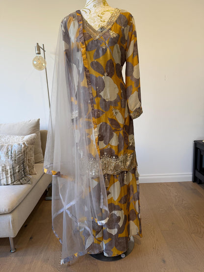 Mustard Floral Chinon Crape Palazzo Suit with Net Dupatta