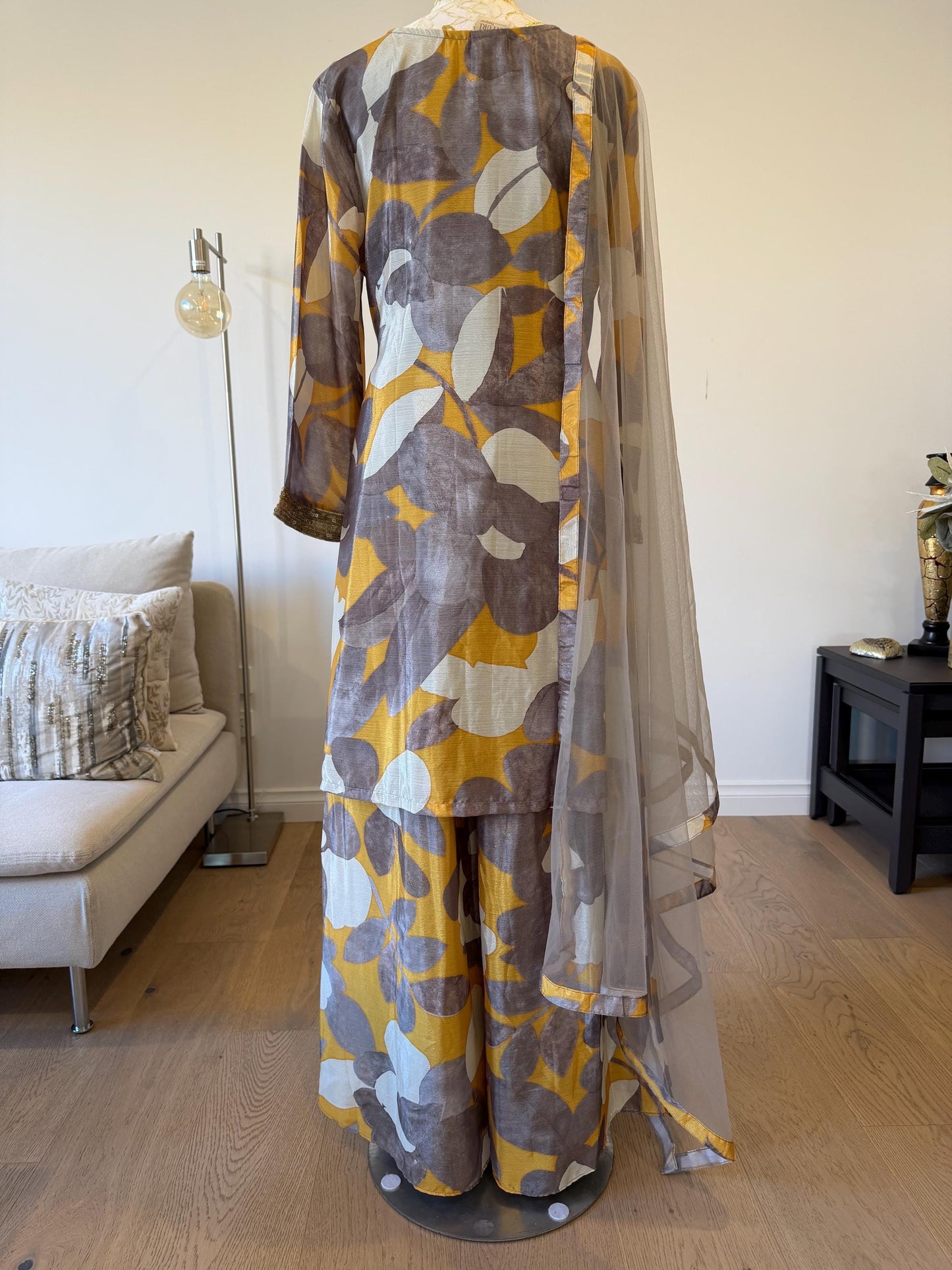 Mustard Floral Chinon Crape Palazzo Suit with Net Dupatta