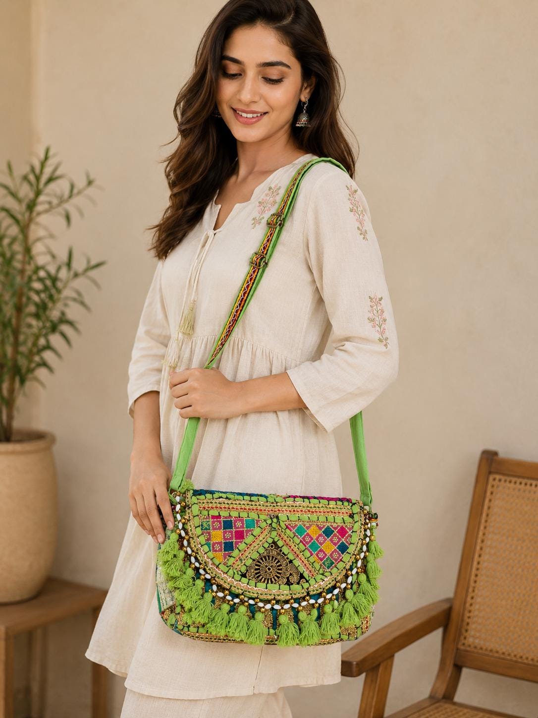 Boho Embroidered Cotton Tassel Crossbody Bag