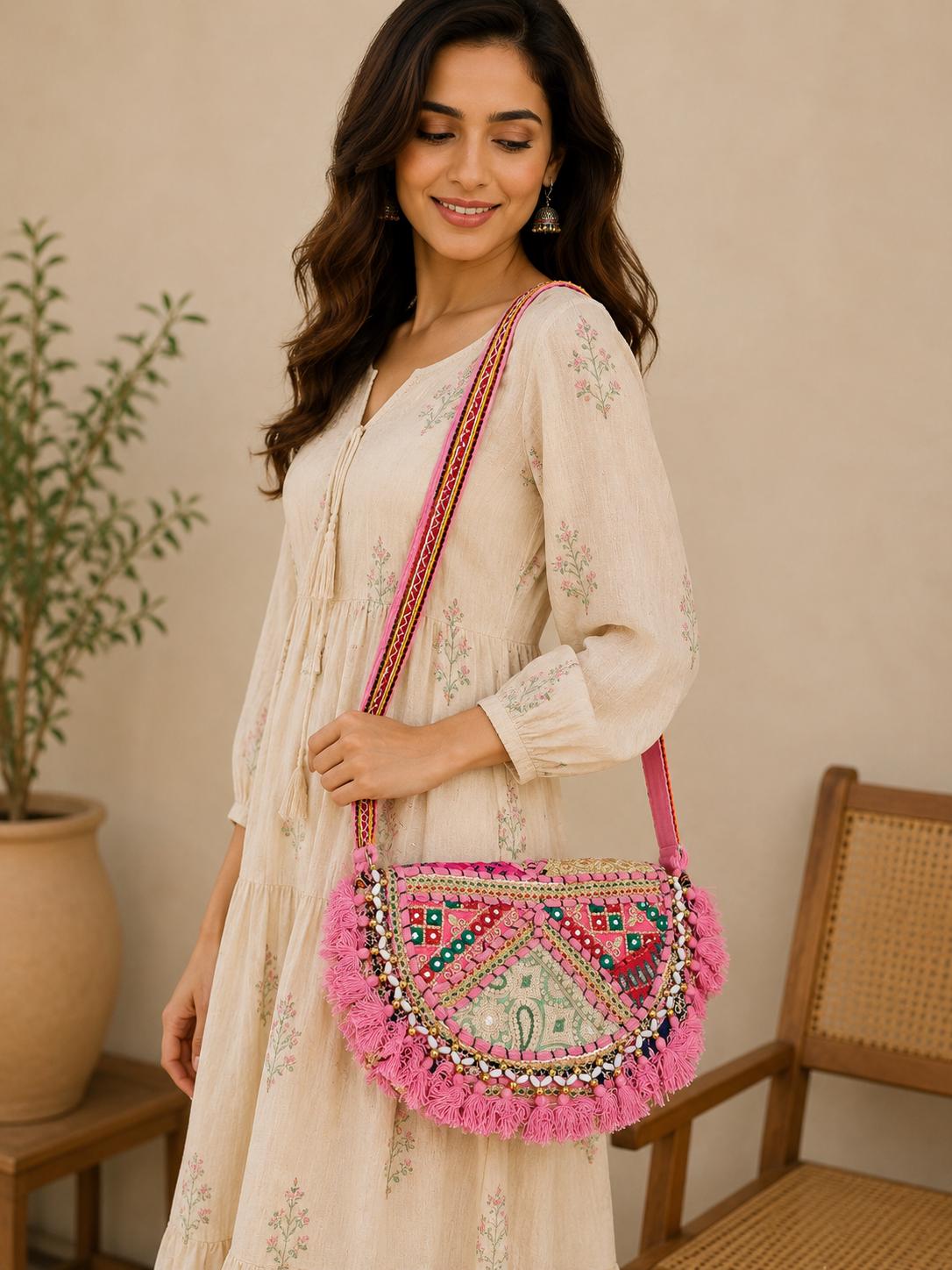 Boho Embroidered Cotton Tassel Crossbody Bag
