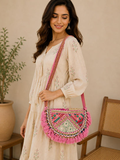 Boho Embroidered Cotton Tassel Crossbody Bag