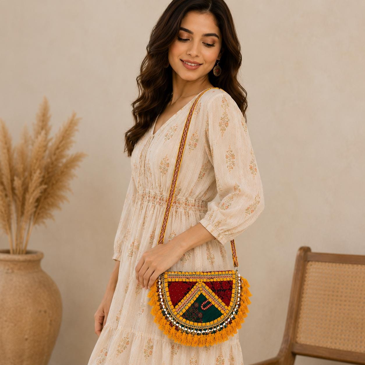 Boho Embroidered Cotton Tassel Crossbody Bag