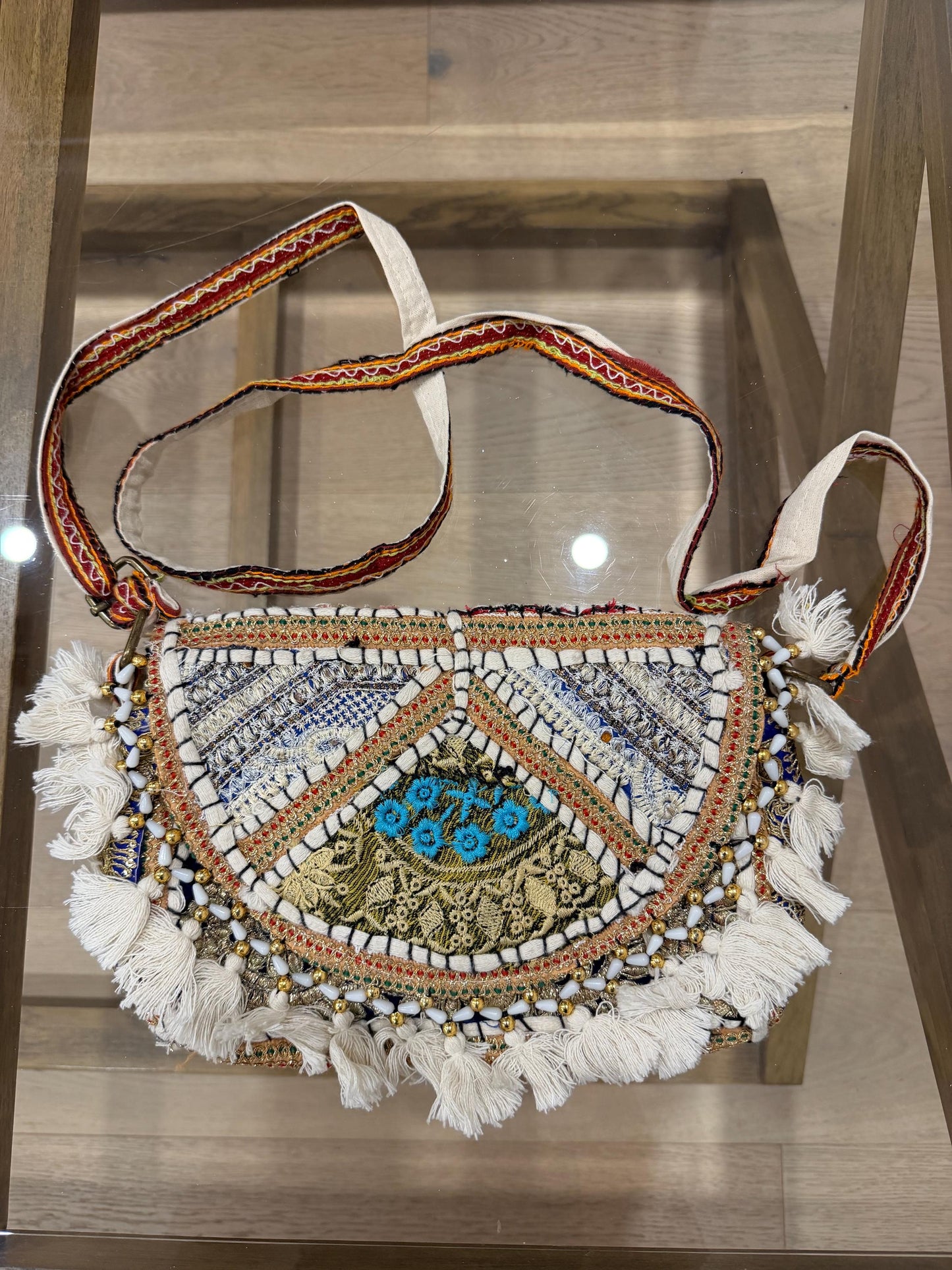 Boho Embroidered Cotton Tassel Crossbody Bag