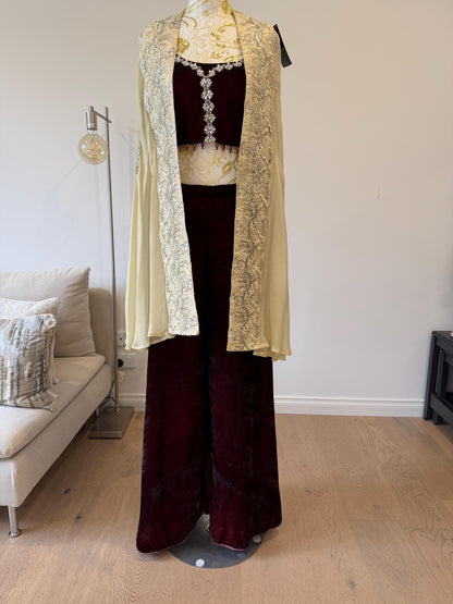 Deep Maroon Velvet Palazzo Set with Georgette Shimmer Cape