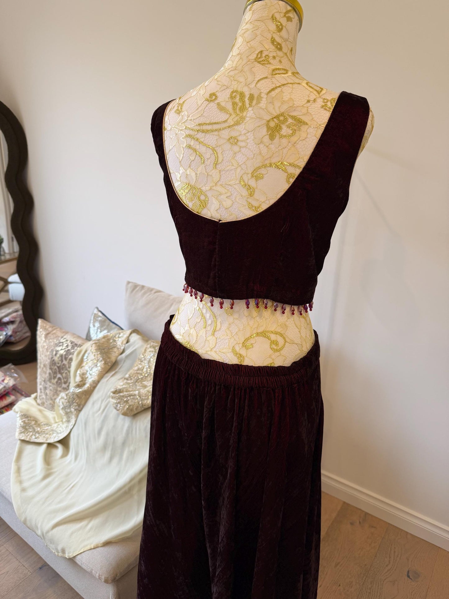 Deep Maroon Velvet Palazzo Set with Georgette Shimmer Cape