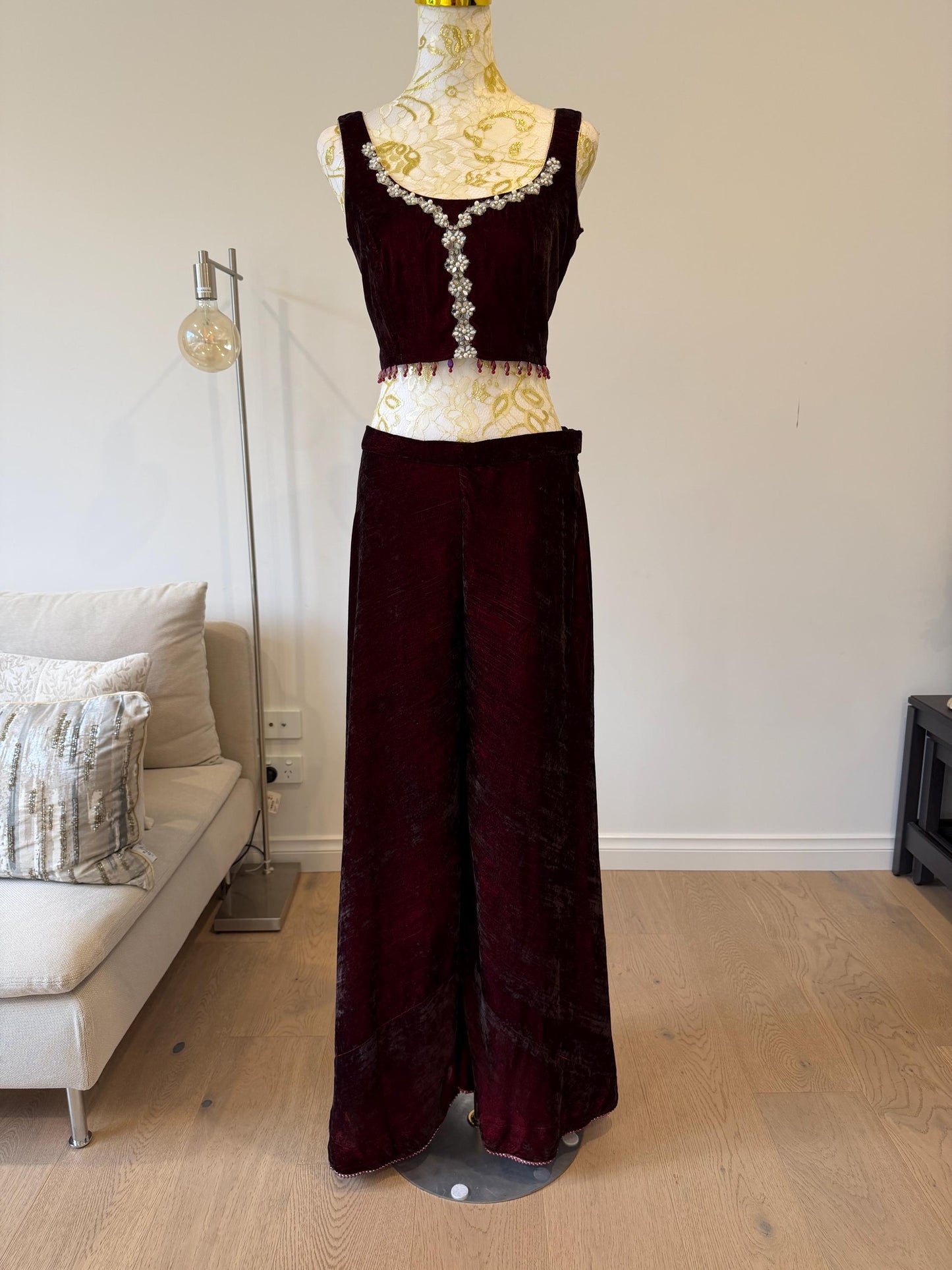 Deep Maroon Velvet Palazzo Set with Georgette Shimmer Cape