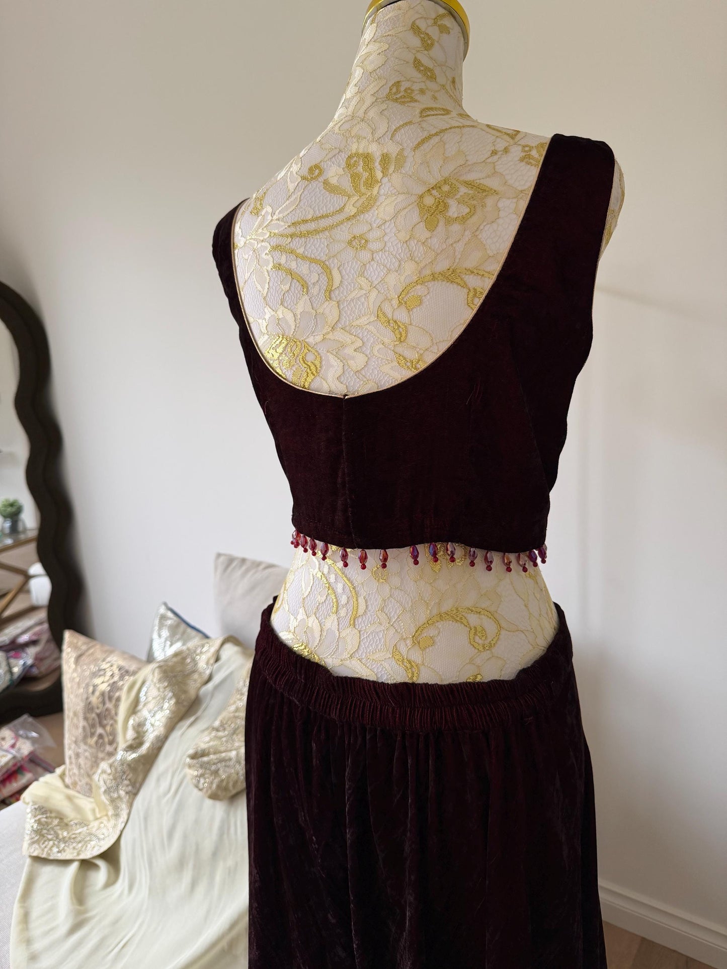 Deep Maroon Velvet Palazzo Set with Georgette Shimmer Cape