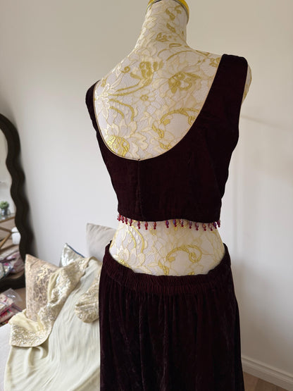 Deep Maroon Velvet Palazzo Set with Georgette Shimmer Cape
