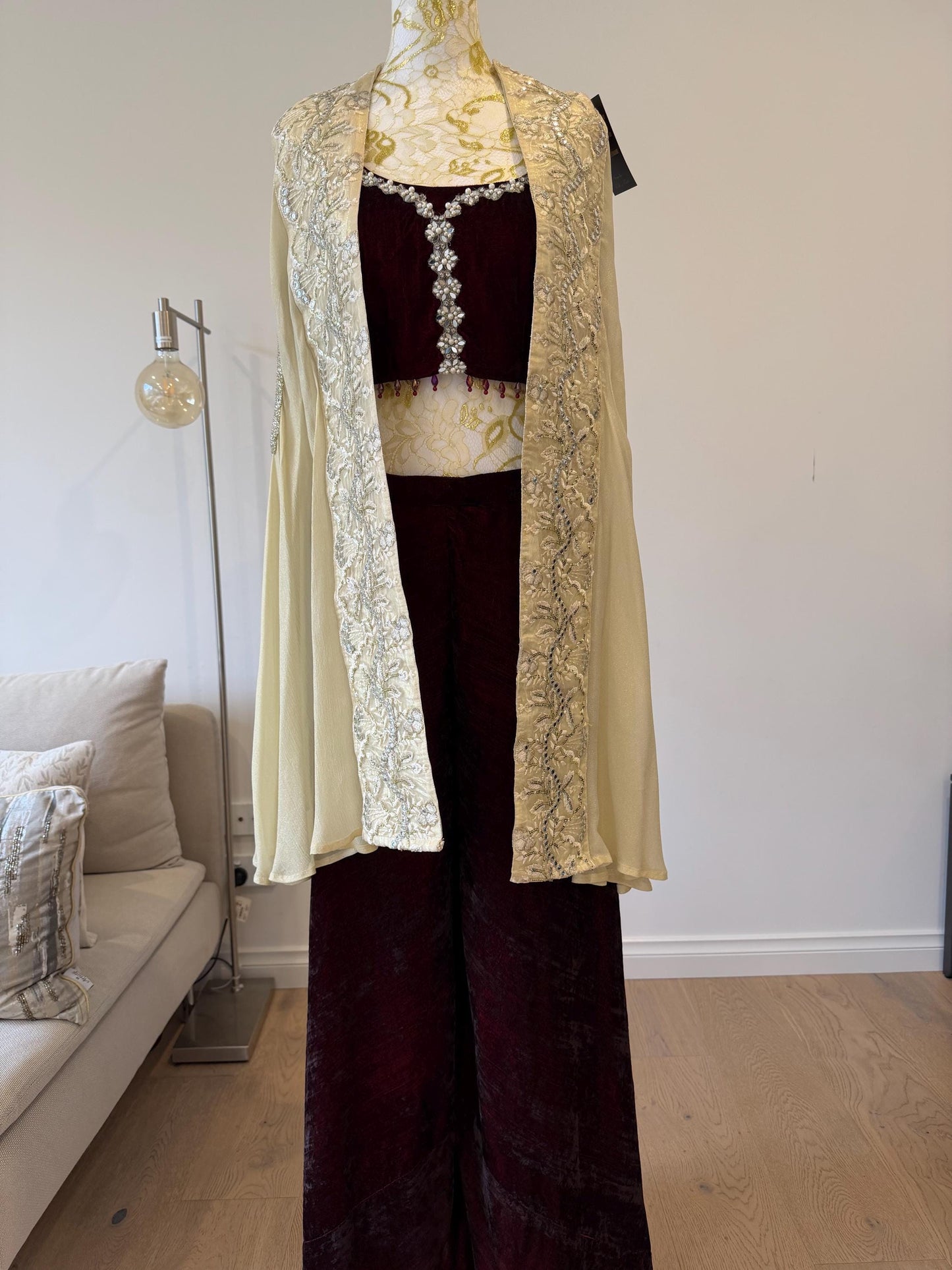 Deep Maroon Velvet Palazzo Set with Georgette Shimmer Cape