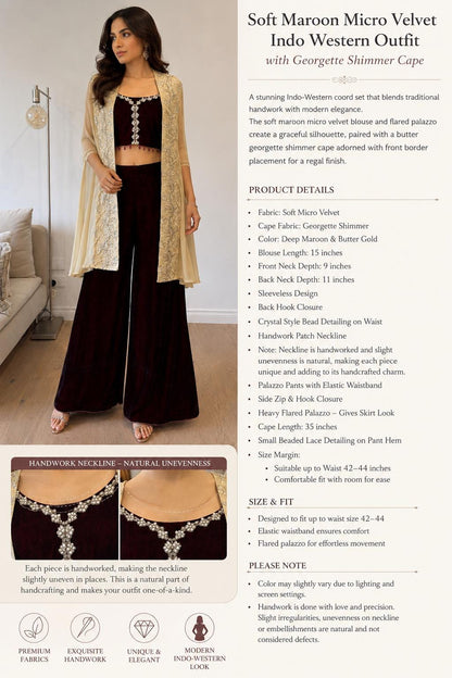 Deep Maroon Velvet Palazzo Set with Georgette Shimmer Cape