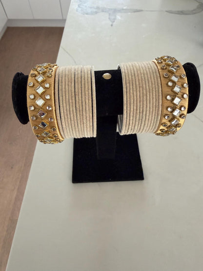 Beige Velvet Bridal Bangles Set with Mirror Work Kadas | Indian Wedding Jewelry