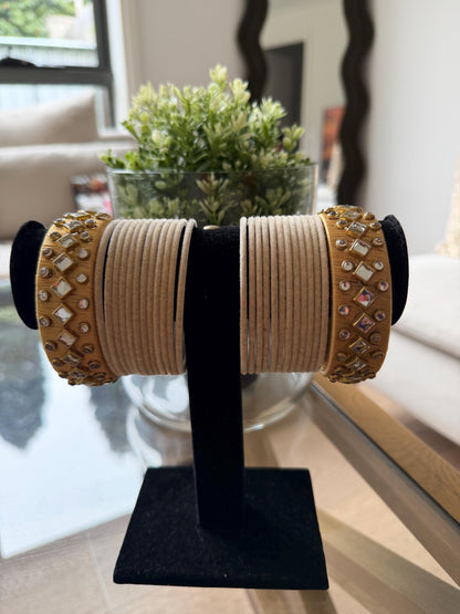 Beige Velvet Bridal Bangles Set with Mirror Work Kadas | Indian Wedding Jewelry