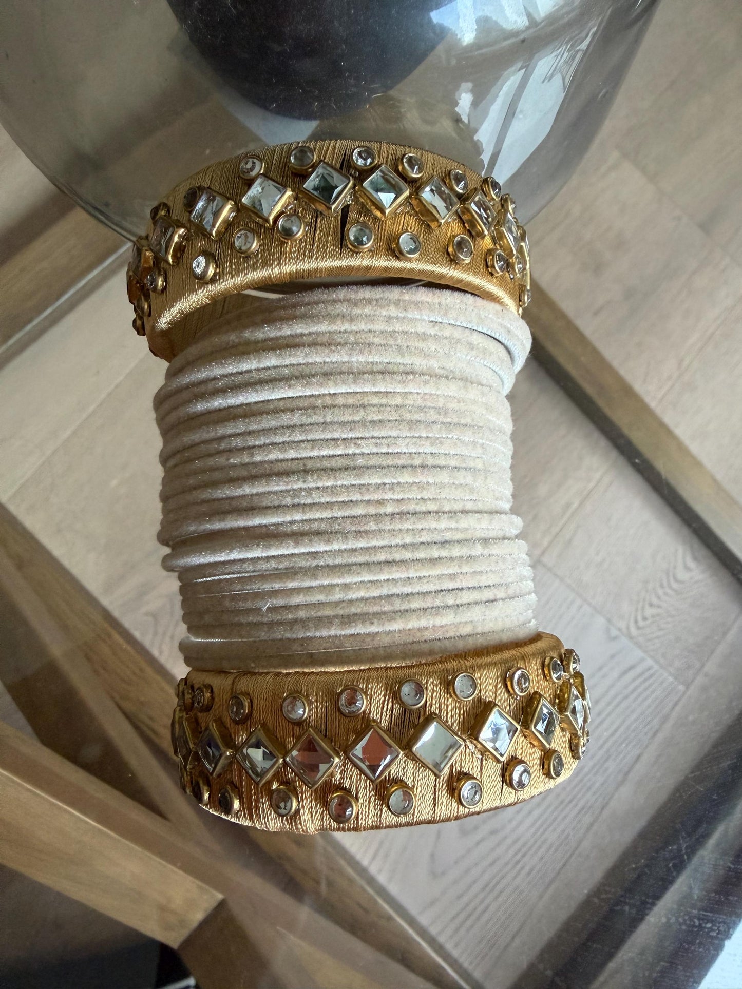 Beige Velvet Bridal Bangles Set with Mirror Work Kadas | Indian Wedding Jewelry