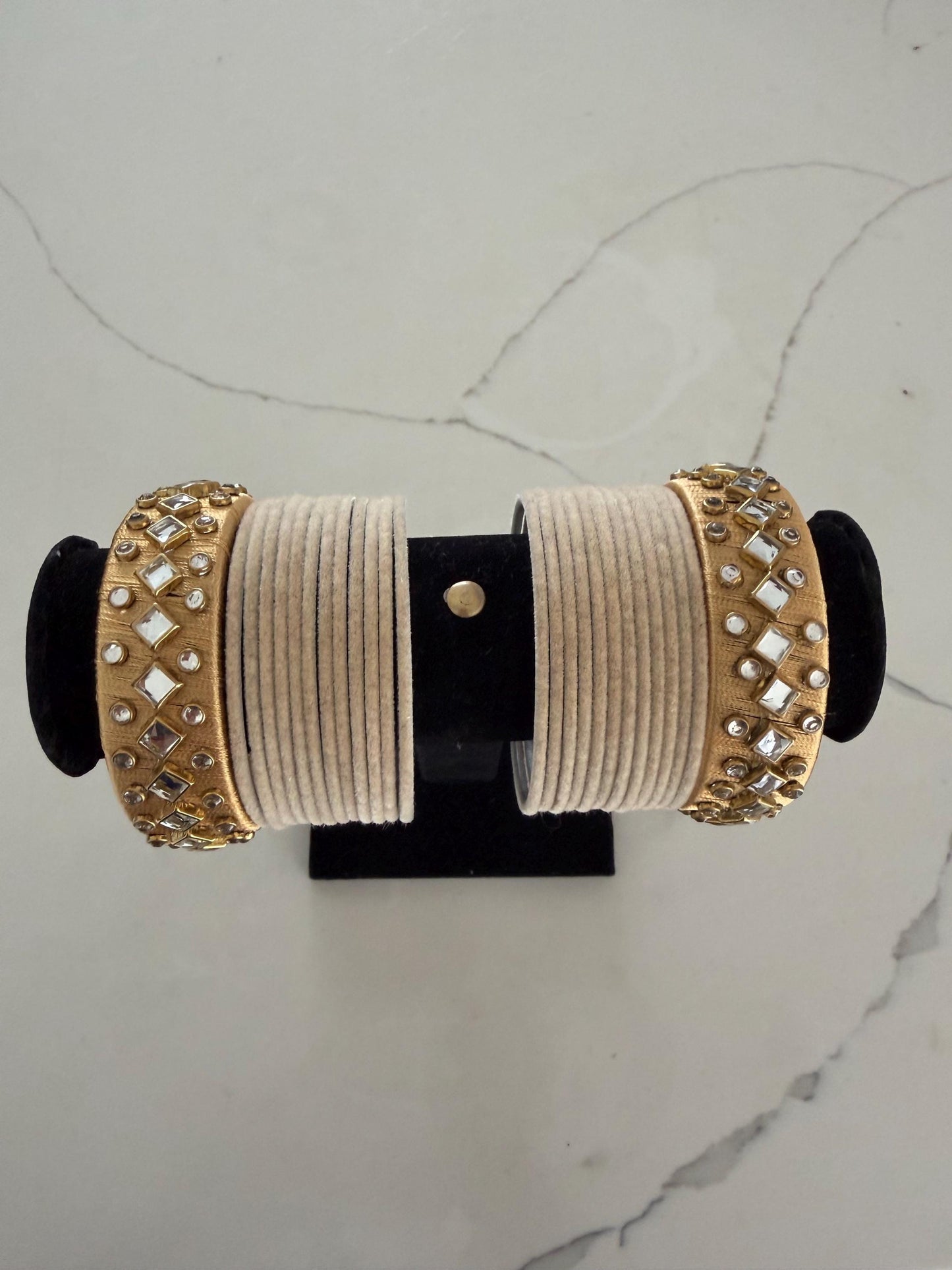 Beige Velvet Bridal Bangles Set with Mirror Work Kadas | Indian Wedding Jewelry