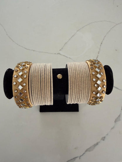 Beige Velvet Bridal Bangles Set with Mirror Work Kadas | Indian Wedding Jewelry