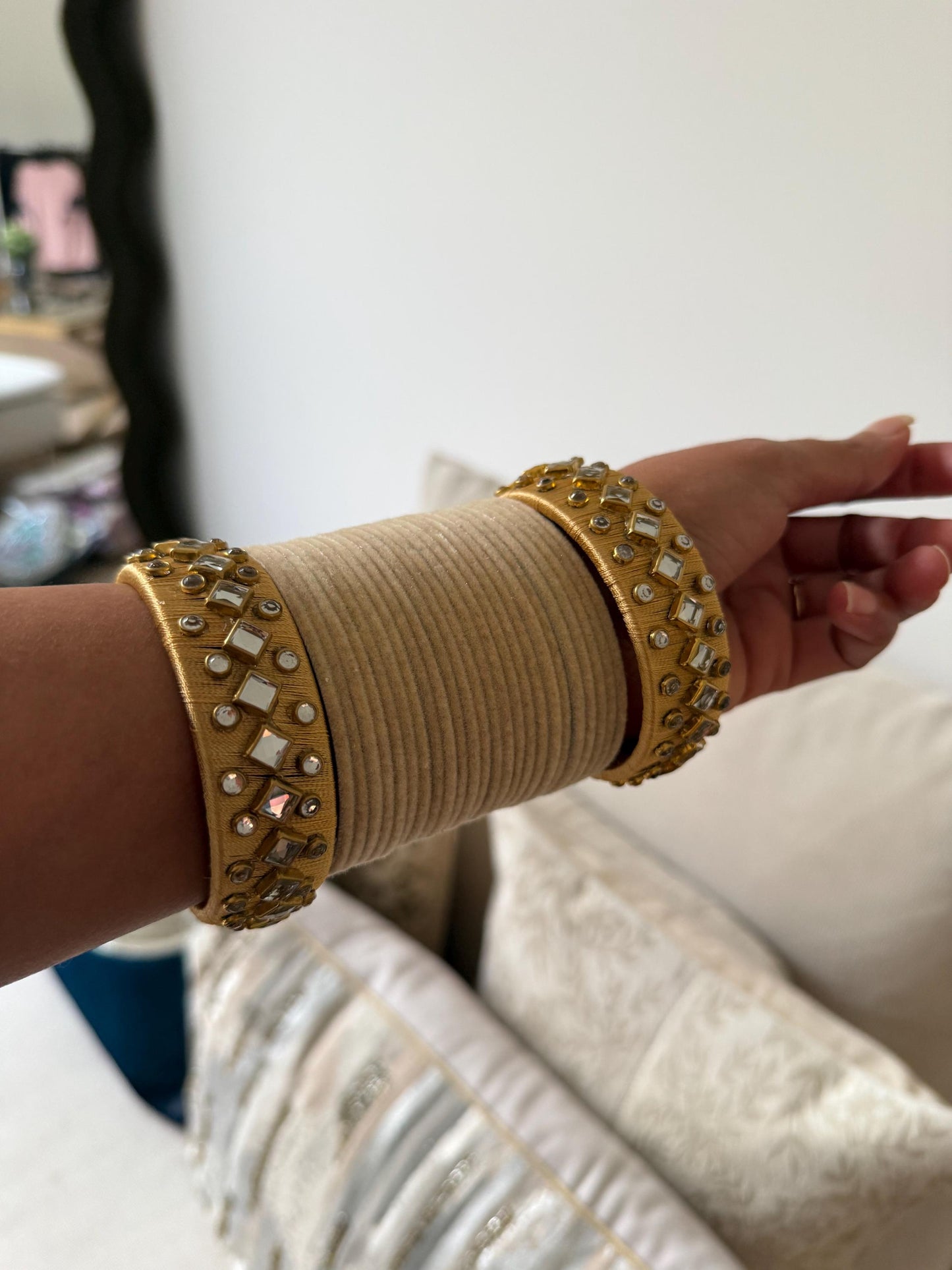 Beige Velvet Bridal Bangles Set with Mirror Work Kadas | Indian Wedding Jewelry