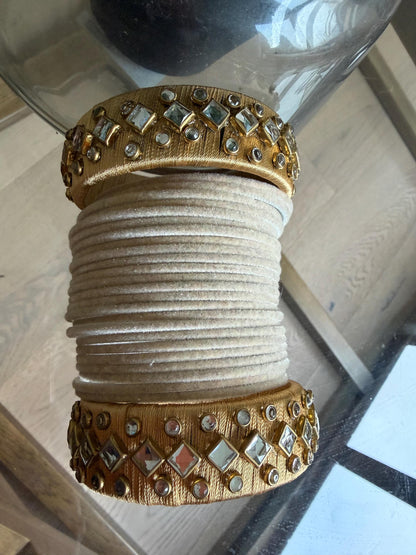 Beige Velvet Bridal Bangles Set with Mirror Work Kadas | Indian Wedding Jewelry