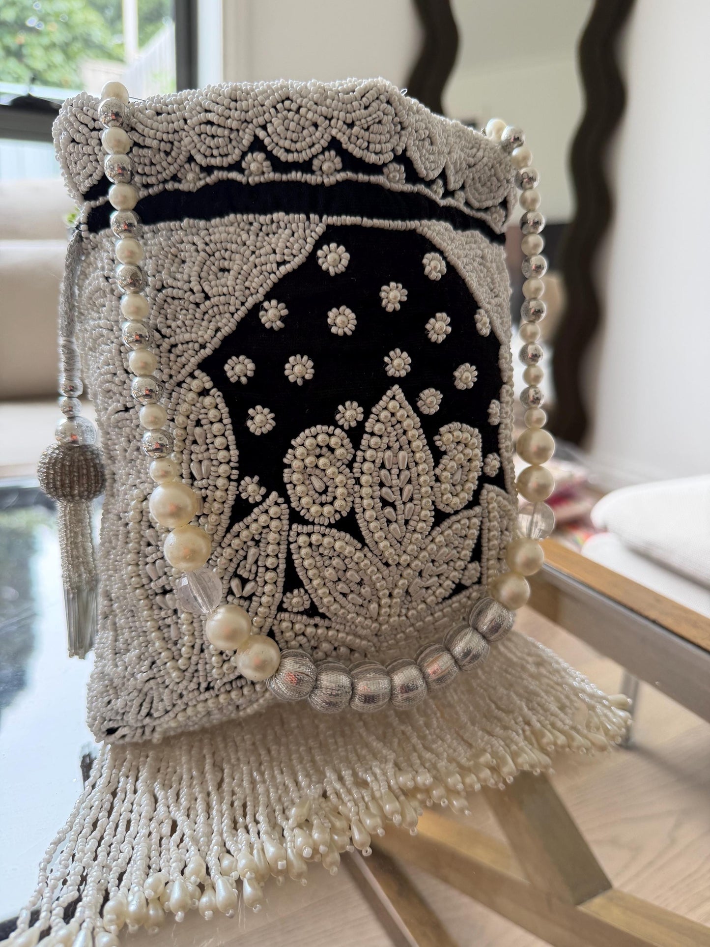 Handmade Velvet Potli Bag with Pearl Bead Work