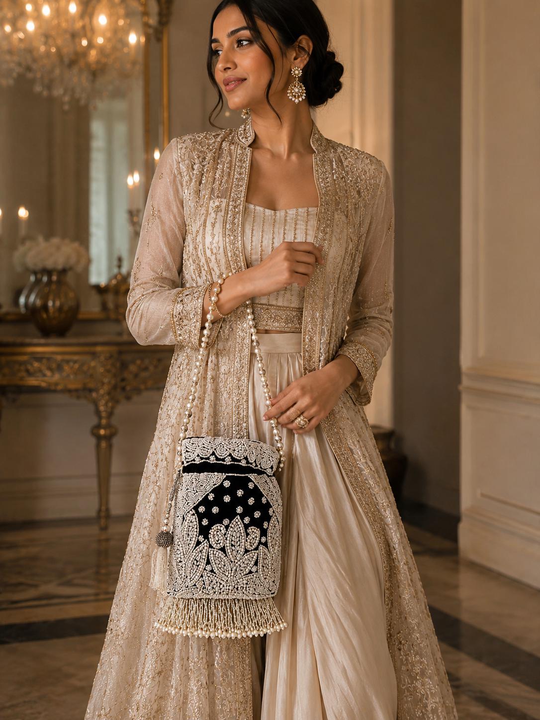Handmade Velvet Potli Bag with Pearl Bead Work